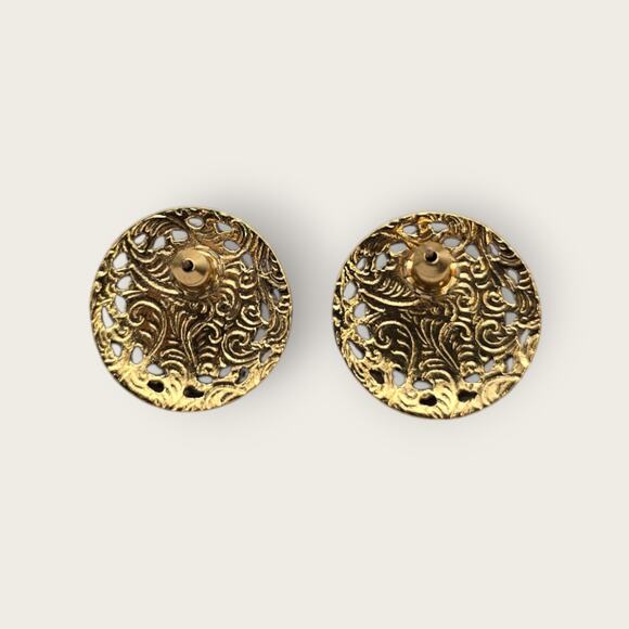 Pearl Button Gold Filigree Stud Earrings – Victorian Revival 1928 Style - Picture 6 of 7